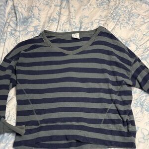 Aerie Gray and Blue Striped Crew Neck Sweater